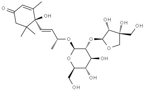 2-Cyclohexen-1-one, 4-[(1E,3R)-3-[(2-O-D-apio-β-D-furanosyl-β-D-glucopyranosyl)oxy]-1-butenyl]-4-hydroxy-3,5,5-trimethyl-, (4S)- (9CI) Structure