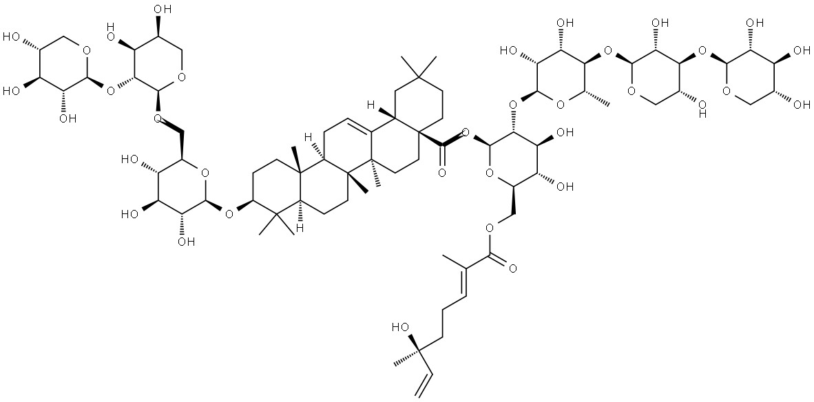 Olean-12-en-28-oic acid, 3-[(O-β-D-xylopyranosyl-(1→2)-O-α-L-arabinopyranosyl-(1→6)-β-D-glucopyranosyl)oxy]-, O-β-D-xylopyranosyl-(1→3)-O-β-D-xylopyranosyl-(1→4)-O-6-deoxy-α-L-mannopyranosyl-(1→2)-6-O-[(2E,6S)-6-hydroxy-2,6-dimethyl-1-oxo-2,7-octadien-1-yl]-β-D-glucopyranosyl ester, (3β)- Structure