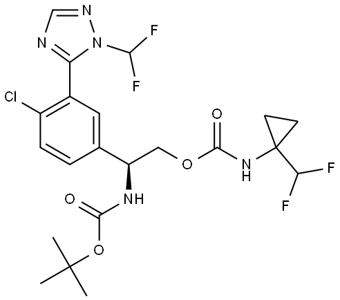 tert-butyl (S)-(1-(4-chloro-3-(1-(difluoromethyl)-1H-1,2,4-triazol-5-yl)phenyl)-2-(((1-(difluoromethyl)cyclopropyl)carbamoyl)oxy)ethyl)carbamate Structure