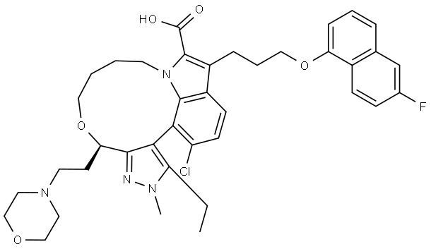 Pyrazolo[3,4-h]pyrrolo[3,2,1-no][6,1]benzoxaazacycloundecine-5-carboxylic acid, 1-chloro-15-ethyl-4-[3-[(6-fluoro-1-naphthalenyl)oxy]propyl]-7,8,9,10,12,14-hexahydro-14-methyl-12-[2-(4-morpholinyl)ethyl]-, (12R)- Structure