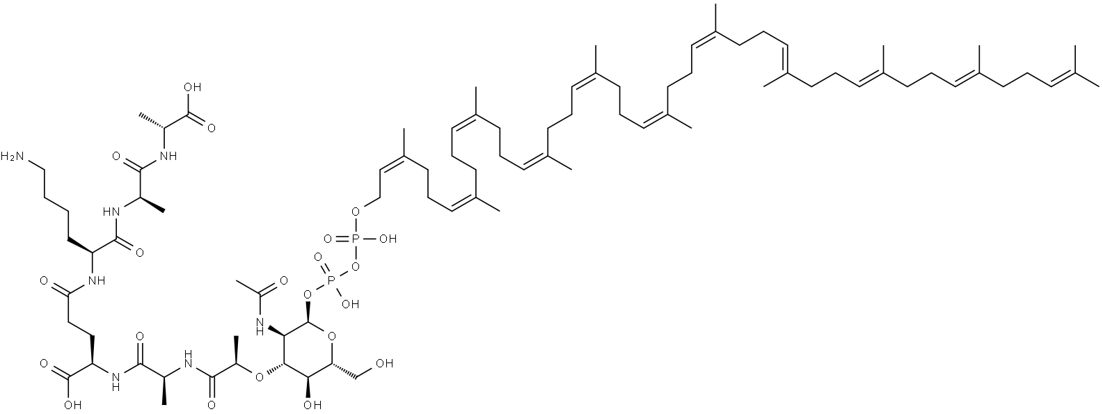 D-Alanine, N-[N-acetyl-1-O-[(6Z,10Z,14Z,18Z,22Z,26Z,30Z,34E,38E,42E)-1,3-dihydroxy-7,11,15,19,23,27,31,35,39,43,47-undecamethyl-1,3-dioxido-2,4-dioxa-1,3-diphosphaoctatetraconta-6,10,14,18,22,26,30,34,38,42,46-undecaen-1-yl]-α-muramoyl]-L-alanyl-D-γ-glutamyl-L-lysyl-D-alanyl- Structure