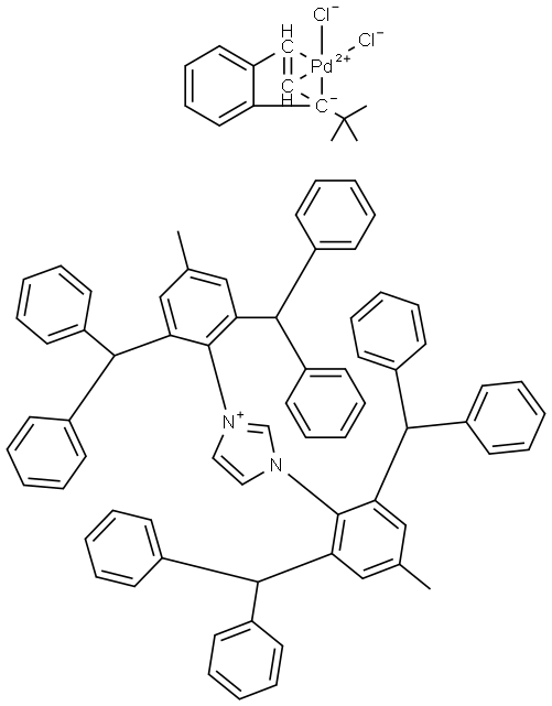 1H-Imidazolium, 1,3-bis[2,6-bis(diphenylmethyl)-4-methylphenyl]-, dichloro[(1,2,3-η)-1-(1,1-dimethylethyl)-1H-inden-1-yl]palladate(1-) (1:1) Structure