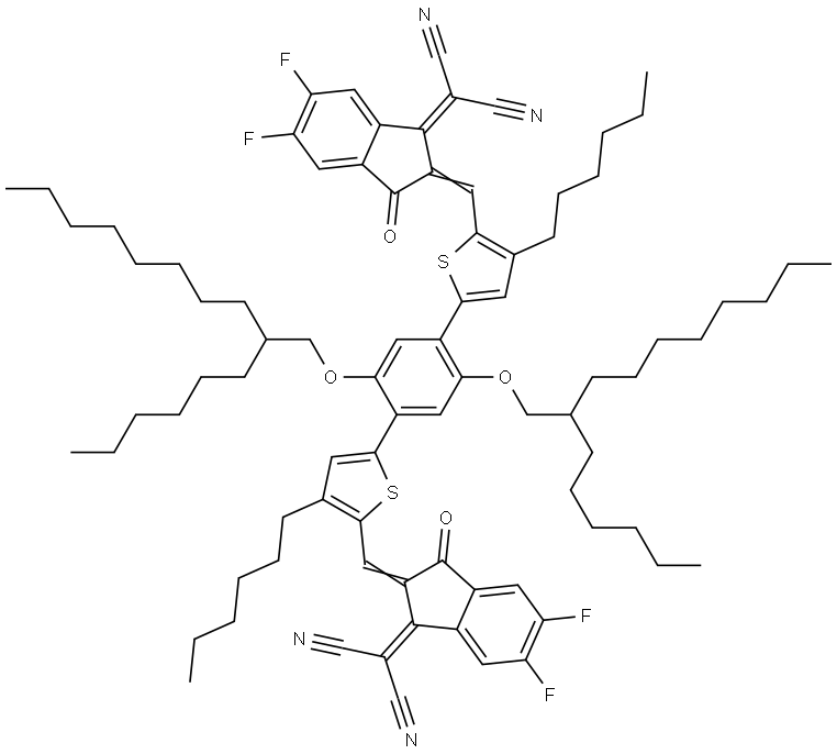 2,2'-((5,5'-(2,5-bis((2-hexyldecyl)oxy)-1,4-phenylene)bis(3-hexylthiophene-5,2-diyl))bis(methanylylidene))bis(5,6-difluoro-3-oxo-2,3-dihydro-1H-indene-2,1-diylidene))dimalononitrile 구조식 이미지