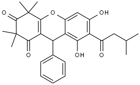 1.????? 1H-Xanthene-1,3(2H)-dione, 4,9-dihydro-6,8-dihydroxy-2,2,4,4-tetramethyl-7-(3-methyl-1-oxobutyl)-9-phenyl- (ACI) Structure