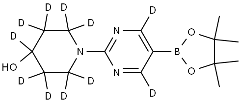 1-(5-(4,4,5,5-tetramethyl-1,3,2-dioxaborolan-2-yl)pyrimidin-2-yl-4,6-d2)piperidin-2,2,3,3,4,5,5,6,6-d9-4-ol Structure