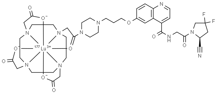 [10-[2-[4-[3-[[4-[[[2-[(2S)-2-Cyano-4,4-difluoro-1-pyrrolidinyl]-2-oxoethyl]amino]carbonyl]-6-quinolinyl]oxy]propyl]-1-piperazinyl]-2-(oxo-κO)ethyl]-1,4,7,10-tetraazacyclododecane-1,4,7-triacetato(3-)-κN1,κN4,κN7,κN10,κO1,κO4,κO7]lutetium-177Lu Structure