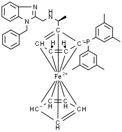 (1S)-1-[Bis(3,5-dimethylphenyl)phosphino]-2-[(1S)-1-[[[1-(phenylmethyl)-1H-benzimidazol-2-yl]methyl]amino]ethyl]ferrocene 구조식 이미지