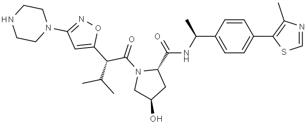 2-Pyrrolidinecarboxamide, 4-hydroxy-1-[(2R)-3-methyl-1-oxo-2-[3-(1-piperazinyl)-5-isoxazolyl]butyl]-N-[(1S)-1-[4-(4-methyl-5-thiazolyl)phenyl]ethyl]-, (2S,4R)- Structure