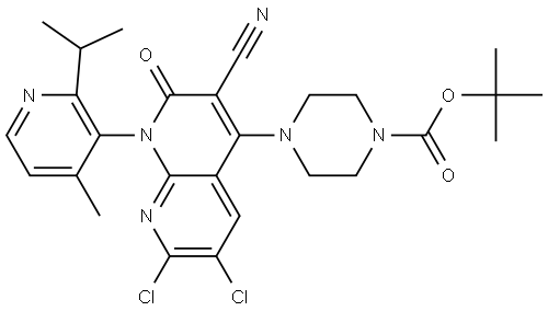 1-Piperazinecarboxylic acid, 4-[6,7-dichloro-3-cyano-1,2-dihydro-1-[4-methyl-2-(1-methylethyl)-3-pyridinyl]-2-oxo-1,8-naphthyridin-4-yl]-, 1,1-dimethylethyl ester Structure