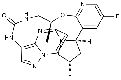 10H-5,7-Ethenopyrazolo[4,3-g]pyrido[3,2-m]pyrrolo[1,2-k][1,4,6,9,11]oxatetraazacyclotetradecin-11(12H)-one, 2,18-difluoro-1,2,3,13,14,19b-hexahydro-14-methyl-, (2S,14S,19bR)- Structure