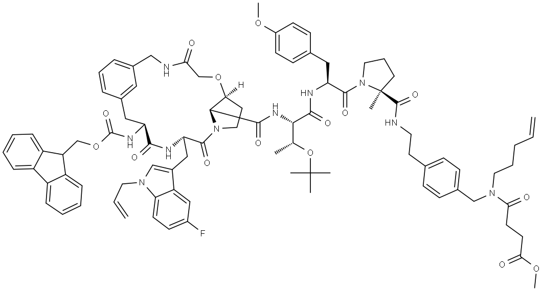 L-Prolinamide, N-[(9H-fluoren-9-ylmethoxy)carbonyl]-3-[[(2-hydroxyacetyl)amino]methyl]-L-phenylalanyl-5-fluoro-1-(2-propen-1-yl)-L-tryptophyl-(3S)-3-hydroxy-L-prolyl-O-(1,1-dimethylethyl)-L-threonyl-O-methyl-L-tyrosyl-N-[2-[4-[[(4-methoxy-1,4-dioxobutyl)-4-penten-1-ylamino]methyl]phenyl]ethyl]-2-methyl-, cyclic (1→3)-ether Structure