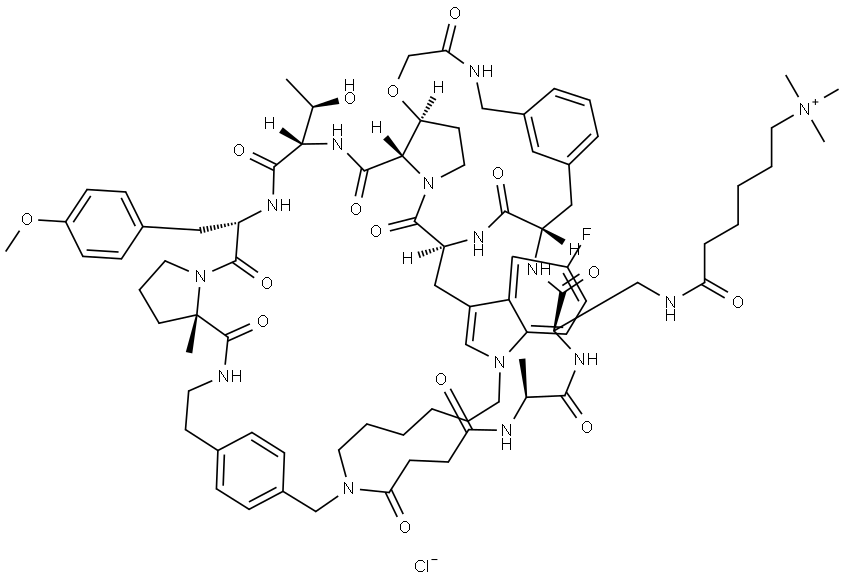 L-Proline, L-alanyl-3-[[1-oxo-6-(trimethylammonio)hexyl]amino]-D-alanyl-3-[[(2-hydroxyacetyl)amino]methyl]-L-phenylalanyl-1-[6-[[[4-(2-aminoethyl)phenyl]methyl](3-carboxy-1-oxopropyl)amino]hexyl]-5-fluoro-L-tryptophyl-(3S)-3-hydroxy-L-prolyl-L-threonyl-O-methyl-L-tyrosyl-2-methyl-, (4→1),(8→4)-dilac… Structure