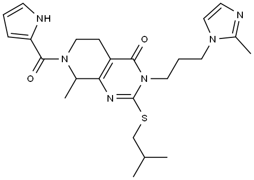 2-(isobutylthio)-8-methyl-3-(3-(2-methyl-1H-imidazol-1-yl)propyl)-7-(1H-pyrrole-2-carbonyl)-5,6,7,8-tetrahydropyrido[3,4-d]pyrimidin-4(3H)-one Structure