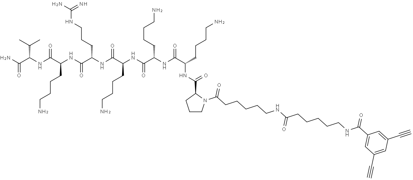 (S)-N-((3S,6S,9S,12S,15S,18S)-22-Amino-6,12,15-tris(4-aminobutyl)-3-carbamoyl-9-(3-guanidinopropyl)-2-methyl-5,8,11,14,17-pentaoxo-4,7,10,13,16-pentaazadocosan-18-yl)-1-(6-(6-(3,5-diethynylbenzamido)hexanamido)hexanoyl)pyrrolidine-2-carboxamide Structure