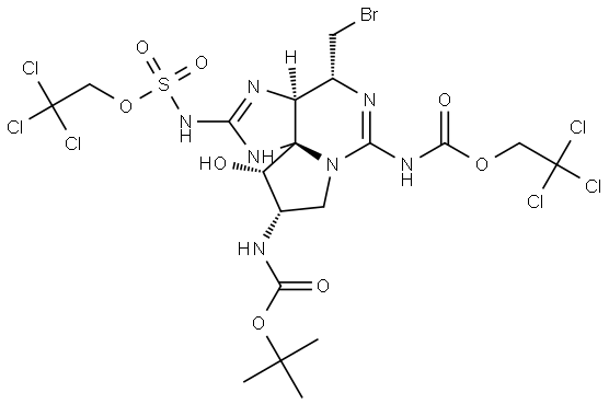 2,2,2-trichloroethyl ((3aS,4R,9S,10S,10aS)-4-(bromomethyl)-9-((tert-butoxycarbonyl)amino)-10-hydroxy-6-(((2,2,2-trichloroethoxy)carbonyl)imino)hexahydro-1H,8H-pyrrolo[1,2-c]purin-2(3H)-ylidene)sulfamate Structure