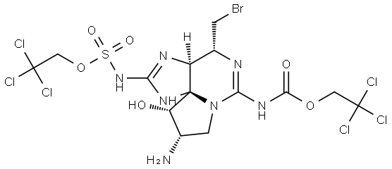 2,2,2-trichloroethyl ((3aS,4R,9S,10S,10aS)-9-amino-4-(bromomethyl)-10-hydroxy-6-(((2,2,2-trichloroethoxy)carbonyl)imino)hexahydro-1H,8H-pyrrolo[1,2-c]purin-2(3H)-ylidene)sulfamate Structure