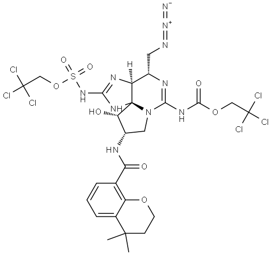 2,2,2-trichloroethyl ((3aS,4S,9S,10S,10aS)-4-(azidomethyl)-9-(4,4-dimethylchromane-8-carboxamido)-10-hydroxy-6-(((2,2,2-trichloroethoxy)carbonyl)imino)hexahydro-1H,8H-pyrrolo[1,2-c]purin-2(3H)-ylidene)sulfamate Structure