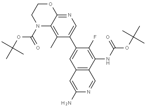 tert-butyl 7-(3-amino-8-((tert-butoxycarbonyl)amino)-7-fluoroisoquinolin-6-yl)-8-methyl-2,3-dihydro-1H-pyrido[2,3-b][1,4]oxazine-1-carboxylate Structure