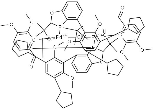 Palladium, μ-chlorobis[(2R,3S)-4-(3,5-dicyclopentyl-2,6-dimethoxyphenyl)-3-(1,1-dimethylethyl)-2,3-dihydro-α,α-dimethyl-1,3-benzoxaphosphole-2-methanolato-κO2,κP3]bis(6-formyl-2,3-dimethoxyphenyl)di-, stereoisomer (ACI) Structure