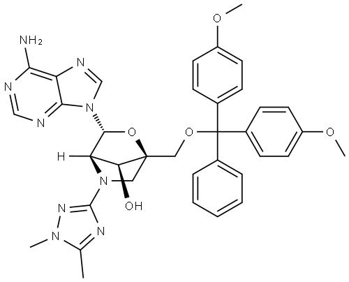 2-Oxa-5-azabicyclo[2.2.1]heptan-7-ol, 3-(6-amino-9H-purin-9-yl)-1-[[bis(4-methoxyphenyl)phenylmethoxy]methyl]-5-(1,5-dimethyl-1H-1,2,4-triazol-3-yl)-, (1R,3R,4R,7S)- Structure