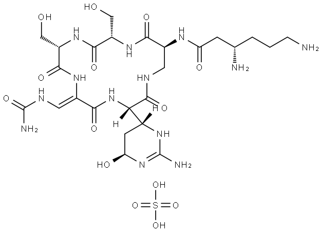 Hexanamide, 3,6-diamino-N-[(3S,6Z,9S,12S,15S)-6-[[(aminocarbonyl)amino]methylene]-3-[(4R,6S)-2-amino-1,4,5,6-tetrahydro-6-hydroxy-4-pyrimidinyl]-9,12-bis(hydroxymethyl)-2,5,8,11,14-pentaoxo-1,4,7,10,13-pentaazacyclohexadec-15-yl]-, (3S)-, sulfate (1:1) Structure