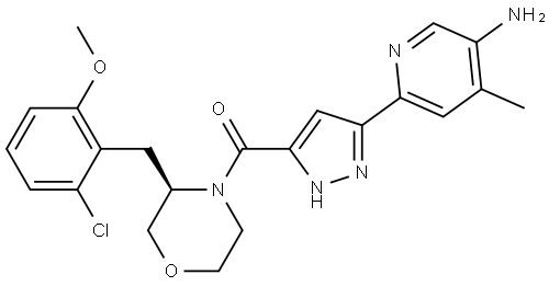 Methanone, [3-(5-amino-4-methyl-2-pyridinyl)-1H-pyrazol-5-yl][(3R)-3-[(2-chloro-6-methoxyphenyl)methyl]-4-morpholinyl]- Structure