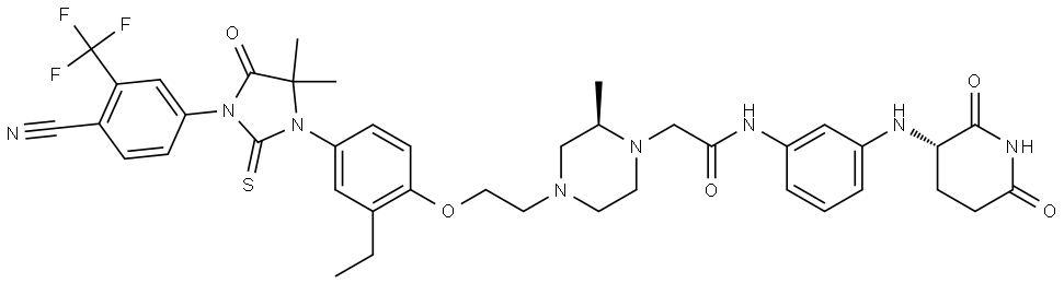 1-Piperazineacetamide, 4-[2-[4-[3-[4-cyano-3-(trifluoromethyl)phenyl]-5,5-dimethyl-4-oxo-2-thioxo-1-imidazolidinyl]-2-ethylphenoxy]ethyl]-N-[3-[[(3S)-2,6-dioxo-3-piperidinyl]amino]phenyl]-2-methyl-, (2R)- Structure