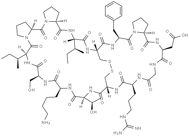 2-((6S,15S,18S,27S,35S,38S,41S,43aS,48aS)-12-(4-aminobutyl)-35-benzyl-6,41-di((S)-sec-butyl)-21-(3-guanidinopropyl)-15-((R)-1-hydroxyethyl)-9-(hydroxymethyl)-5,8,11,14,17,20,23,26,29,34,37,40,43,48-tetradecaoxohexatetracontahydro-1H,5H-18,38-(methanodithiomethano)tripyrrolo[1,2-a:1',2'-b1:1'',2''-e1][1,4,7,10,13,16,19,22,25,28,31,34,37,40]tetradecaazacyclodotetracontin-27-yl)acetic acid Structure