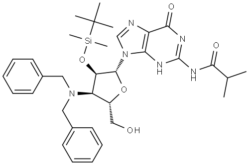 N-(9-((2R,3R,4R,5S)-3-((tert-butyldimethylsilyl)oxy)-4-(dibenzylamino)-5-(hydroxymethyl)tetrahydrofuran-2-yl)-6-oxo-6,9-dihydro-1H-purin-2-yl)isobutyramide Structure