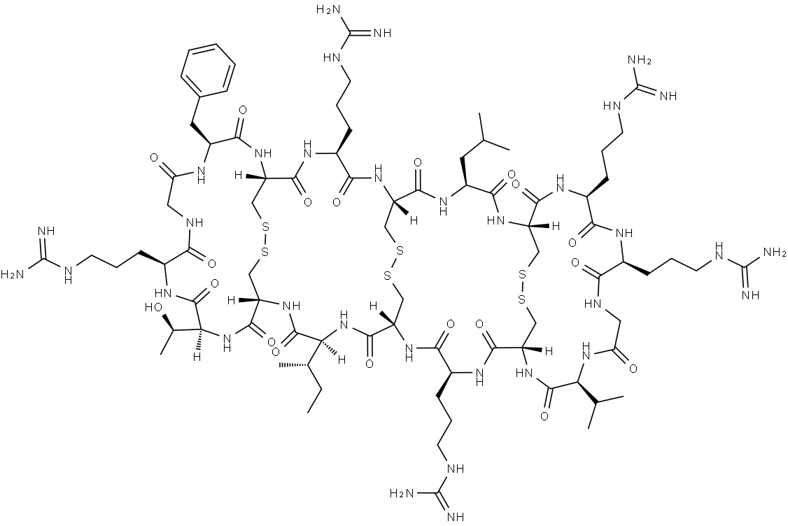 Cyclo(L-arginyl-L-arginylglycyl-L-valyl-L-cysteinyl-L-arginyl-L-cysteinyl-L-isoleucyl-L-cysteinyl-L-threonyl-L-arginylglycyl-L-phenylalanyl-L-cysteinyl-L-arginyl-L-cysteinyl-L-leucyl-L-cysteinyl), cyclic (5→18),(7→16),(9→14)-tris(disulfide) Structure