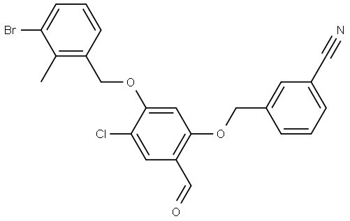 Benzonitrile, 3-[[5-[(3-bromo-2-methylphenyl)methoxy]-4-chloro-2-formylphenoxy]methyl]- Structure