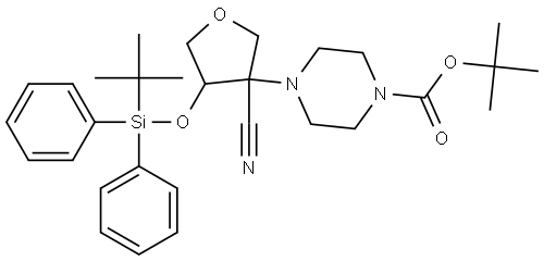 tert-butyl 4-(4-((tert-butyldiphenylsilyl)oxy)-3-cyanotetrahydrofuran-3-yl)piperazine-1-carboxylate Structure