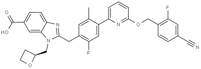 1H-Benzimidazole-6-carboxylic acid, 2-[[4-[6-[(4-cyano-2-fluorophenyl)methoxy]-2-pyridinyl]-2-fluoro-5-methylphenyl]methyl]-1-[(2S)-2-oxetanylmethyl]- Structure