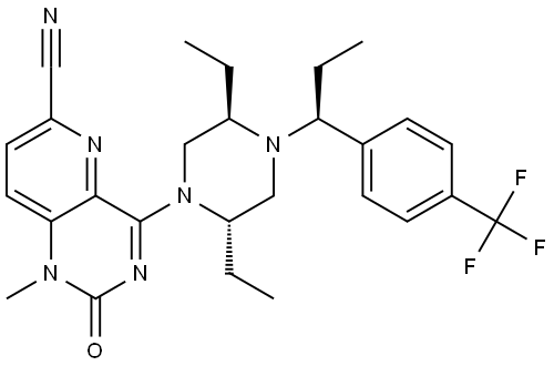 Pyrido[3,2-d]pyrimidine-6-carbonitrile, 4-[(2S,5R)-2,5-diethyl-4-[(1S)-1-[4-(trifluoromethyl)phenyl]propyl]-1-piperazinyl]-1,2-dihydro-1-methyl-2-oxo- Structure