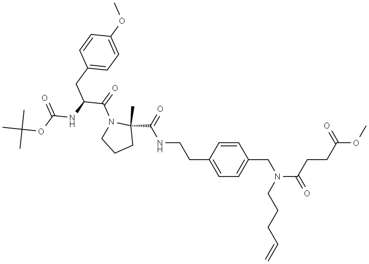 methyl4-((4-(2-((S)-1-((S)-2-((tert-butoxycarbonyl)amino)-3-(4-methoxypheny)propanoyl)-2-methylpyrrolidine-2-carboxamido)ethyl)benzyl)(pent-4-en-1-yl)amino)-4-oxobutanoate Structure