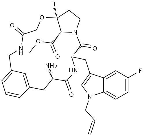 Methyl
(7S,12S,15S,22S)-15-amino-12-[[5-fluoro-1-(2-propen-1-yl)-1H-indol3-yl]methyl]-4,11,14-trioxo-6-oxa-3,10,13-triazatricyclo[15.3.1.17,10]docosa-1(21),17,19-triene-22-carboxylate Structure