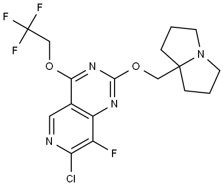 7-chloro-8-fluoro-2-((tetrahydro-1H-pyrrolizin-7a(5H)-yl)methoxy)-4-(2,2,2- trifluoroethoxy)pyrido[4,3-d]pyrimidine Structure