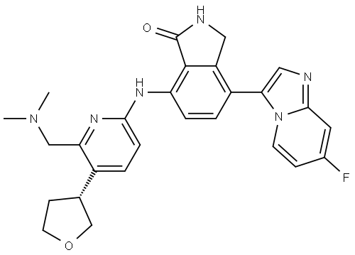 1H-Isoindol-1-one, 7-[[6-[(dimethylamino)methyl]-5-[(3R)-tetrahydro-3-furanyl]-2-pyridinyl]amino]-4-(7-fluoroimidazo[1,2-a]pyridin-3-yl)-2,3-dihydro- Structure