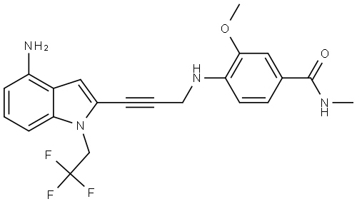 4-((3-(4-amino-1-(2,2,2-trifluoroethyl)-1H-indol-2-yl)prop-2-yn-1-yl)amino)-3-methoxy-N-methylbenzamide Structure