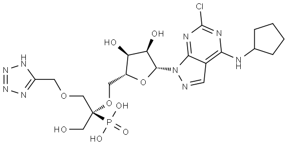 ((S)-1-((2H-tetrazol-5-yl)methoxy)-2-(((2R,3S,4R,5R)-5-(6-chloro-4-(cyclopentylamino)-1H-pyrazolo[3,4-d]pyrimidin-1-yl)-3,4-dihydroxytetrahydrofuran-2-yl)methoxy)-3-hydroxypropan-2-yl)phosphonic acid Structure