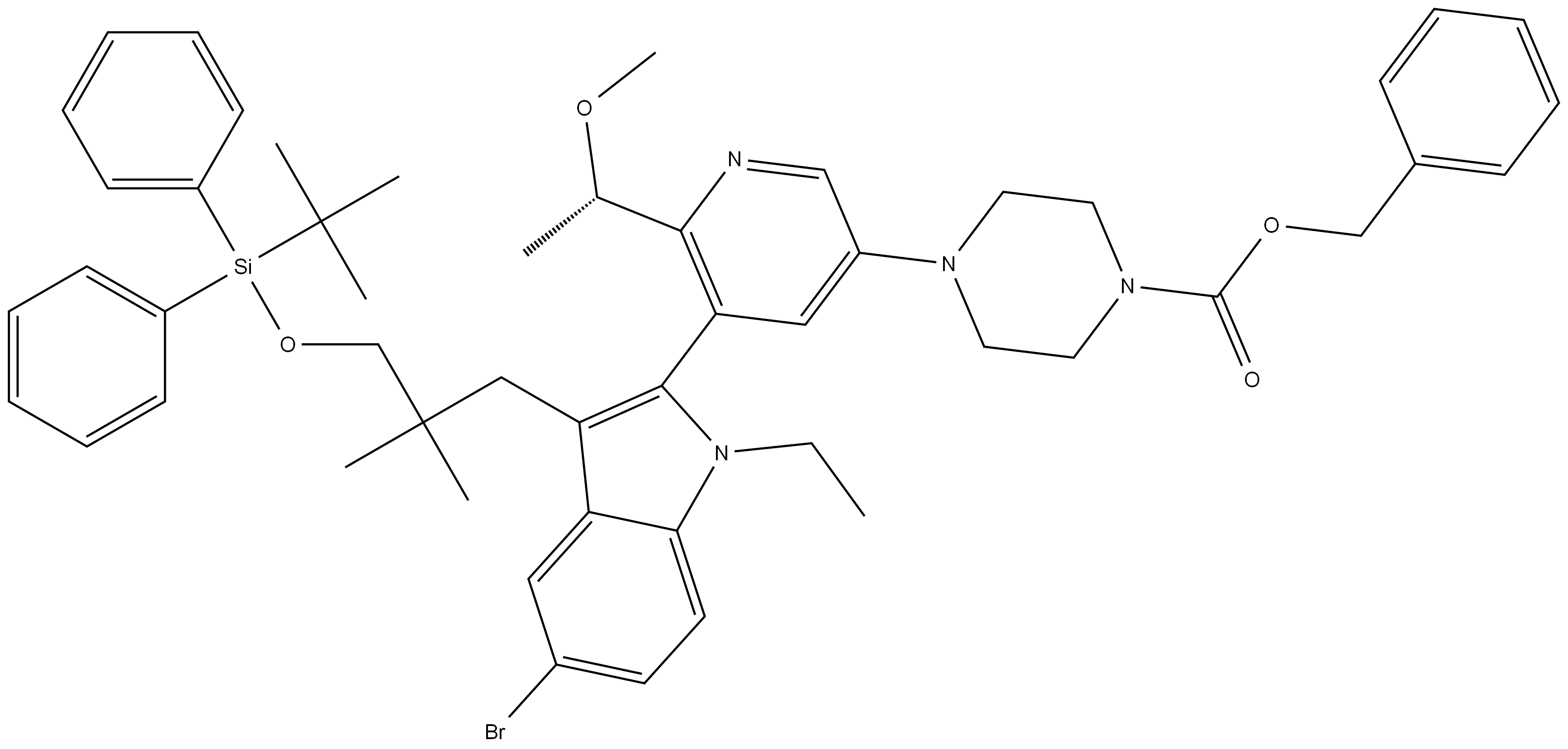 1-Piperazinecarboxylic acid, 4-[5-[5-bromo-3-[3-[[(1,1-dimethylethyl)diphenylsilyl]oxy]-2,2-dimethylpropyl]-1-ethyl-1H-indol-2-yl]-6-[(1S)-1-methoxyethyl]-3-pyridinyl]-, phenylmethyl ester Structure