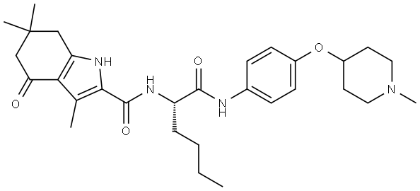 1H-Indole-2-carboxamide, 4,5,6,7-tetrahydro-3,6,6-trimethyl-N-[(1S)-1-[[[4-[(1-methyl-4-piperidinyl)oxy]phenyl]amino]carbonyl]pentyl]-4-oxo- Structure