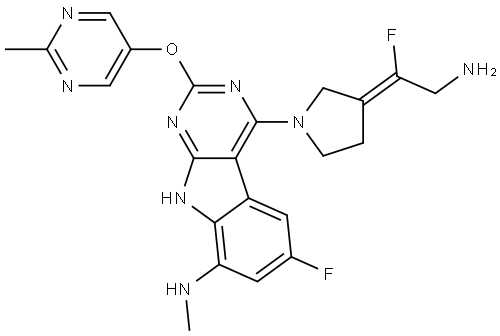 9H-Pyrimido[4,5-b]indol-8-amine, 4-[(3Z)-3-(2-amino-1-fluoroethylidene)-1-pyrrolidinyl]-6-fluoro-N-methyl-2-[(2-methyl-5-pyrimidinyl)oxy]- Structure