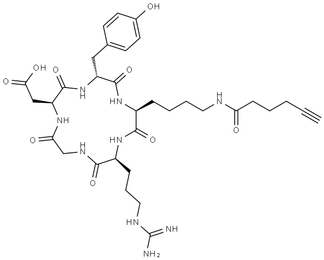 Cyclo[L-arginylglycyl-L-α-aspartyl-D-tyrosyl-N6-(1-oxo-5-hexyn-1-yl)-L-lysyl] Structure