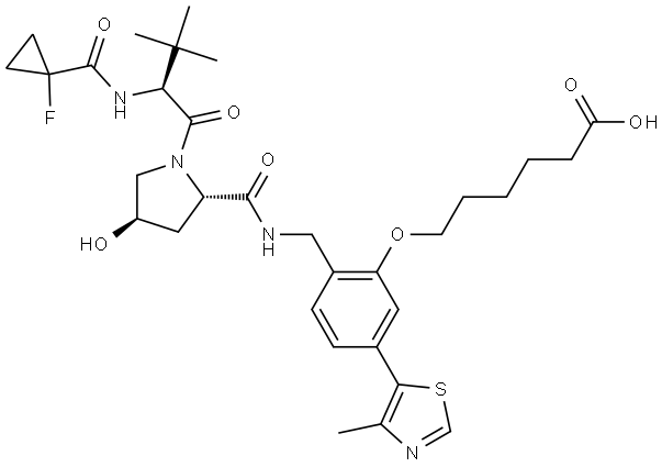 6-(2-(((2S,4R)-1-((S)-2-(1-fluorocyclopropane-1-carboxamido)-3,3-dimethylbutanoyl)-4-hydroxypyrrolidine-2-carboxamido)methyl)-5-(4-methylthiazol-5-yl)phenoxy)hexanoic acid Structure