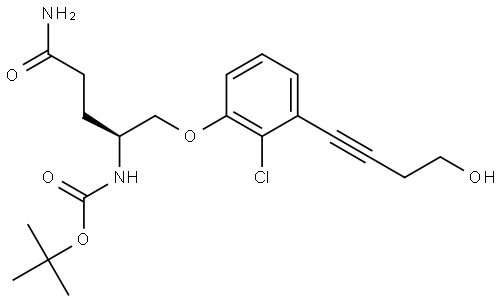 tert-butyl (S)-(5-amino-1-(2-chloro-3-(4-hydroxybut-1-yn-1-yl)phenoxy)-5-oxopentan-2-yl)carbamate 구조식 이미지