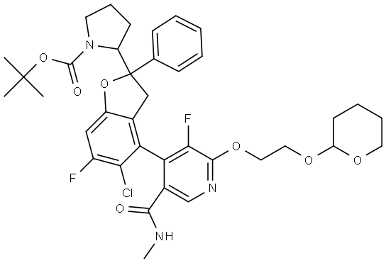 tert-butyl (2S)-2-((2S)-5-chloro-6-fluoro-4-(3-fluoro-5-(methylcarbamoyl)-2-(2-((tetrahydro-2H-pyran-2-yl)oxy)ethoxy)pyridin-4-yl)-2-phenyl-2,3-dihydrobenzofuran-2-yl)pyrrolidine-1-carboxylate 구조식 이미지