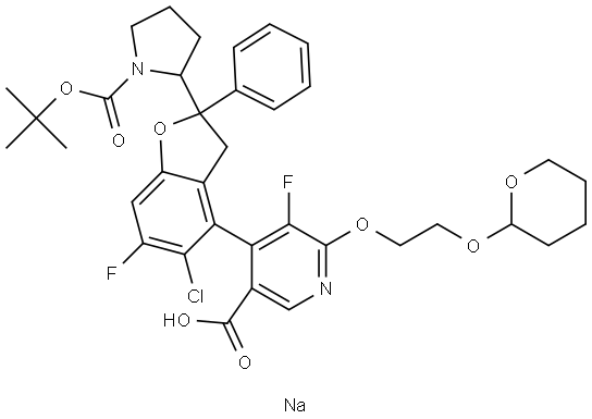 sodium 4-((2S)-2-((S)-1-(tert-butoxycarbonyl)pyrrolidin-2-yl)-5-chloro-6-fluoro-2-phenyl-2,3-dihydrobenzofuran-4-yl)-5-fluoro-6-(2-((tetrahydro-2H-pyran-2-yl)oxy)ethoxy)nicotinate Structure
