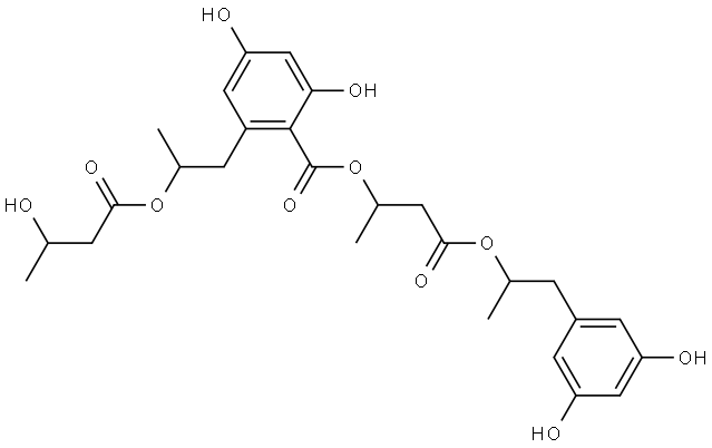 Benzoic acid, 2,4-dihydroxy-6-[2-(3-hydroxy-1-oxobutoxy)propyl]-, 3-[2-(3,5-dihydroxyphenyl)-1-methylethoxy]-1-methyl-3-oxopropyl ester Structure