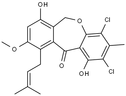 Dibenz[b,e]oxepin-11(6H)-one, 2,4-dichloro-1,7-dihydroxy-9-methoxy-3-methyl-10-(3-methyl-2-buten-1-yl)- Structure